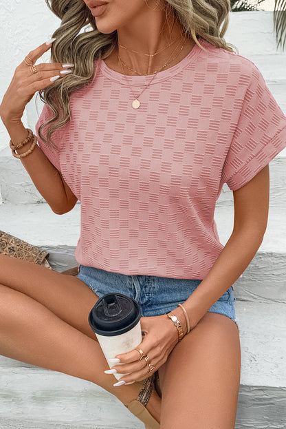 Apricot Pink Checkered Textured Round Neck Tee
