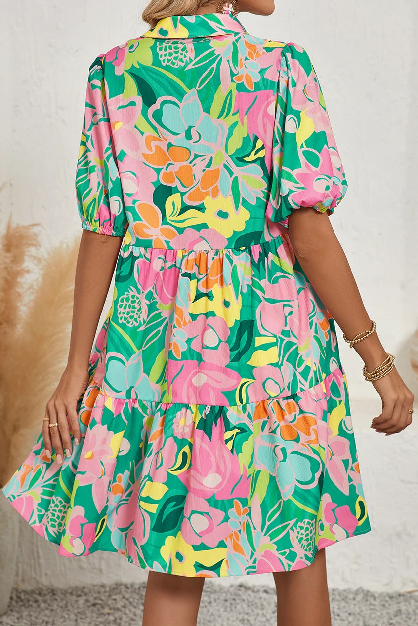 Elena Bright Floral Collared Button Front Babydoll Dress