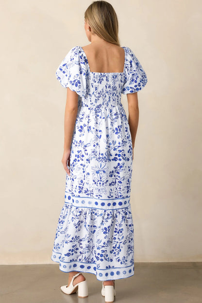 Sky Blue Floral Square Neck Bubble Sleeve Maxi Dress
