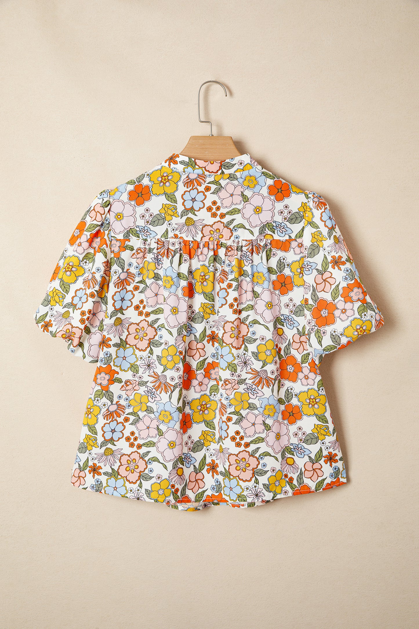 Multicolor Trim Floral V-Neck Blouse – Boho Puff Sleeve Top
