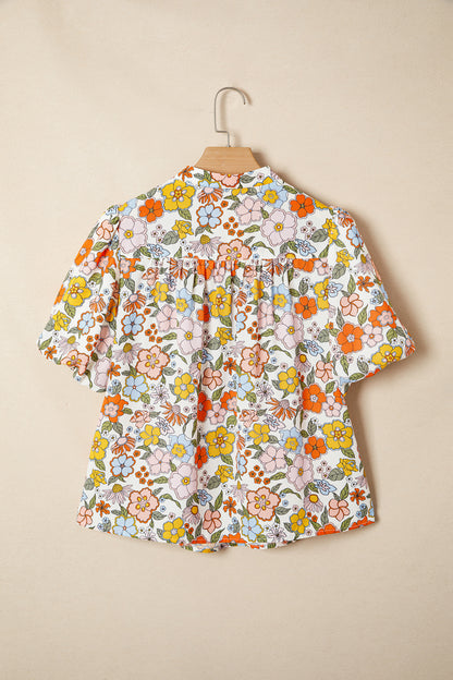 Multicolor Trim Floral V-Neck Blouse – Boho Puff Sleeve Top