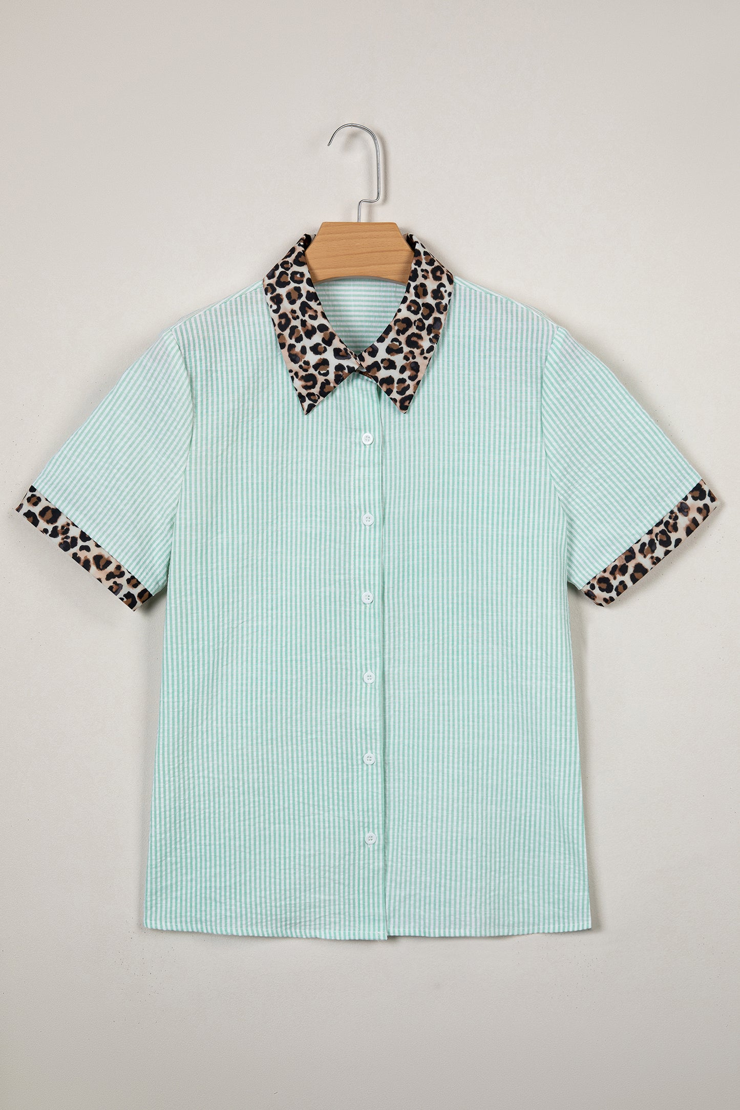 Leopard Contrast Collar Striped Blouse – Casual Everyday Button Front Top