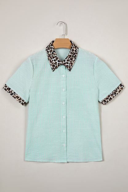 Leopard Contrast Collar Striped Blouse – Casual Everyday Button Front Top