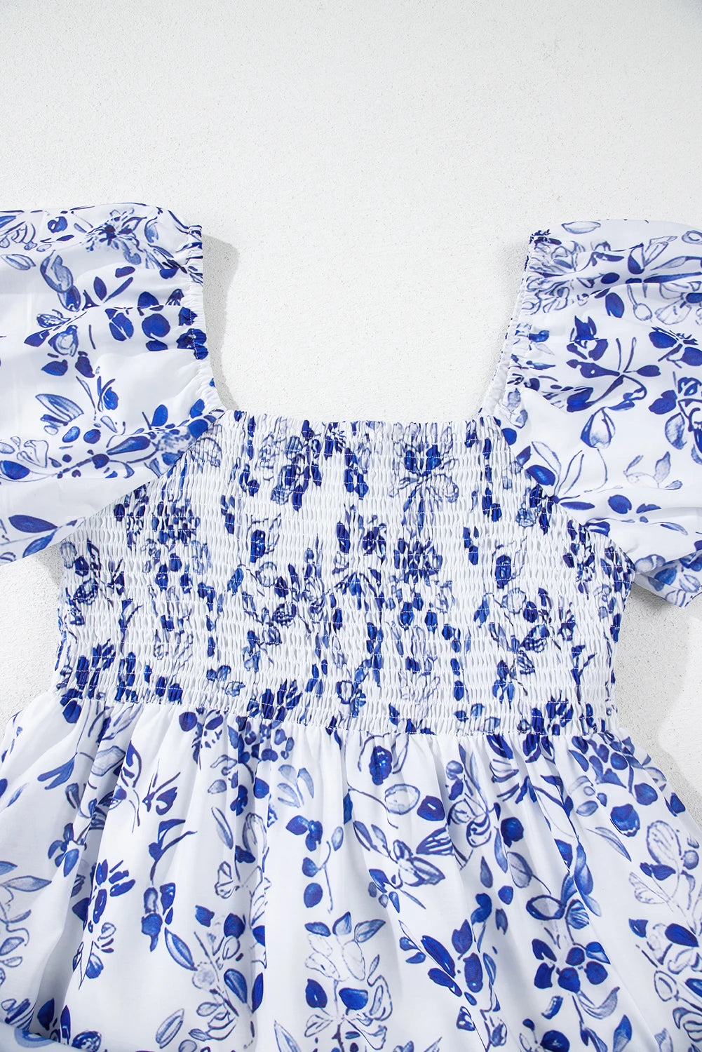 Sky Blue Floral Square Neck Bubble Sleeve Maxi Dress