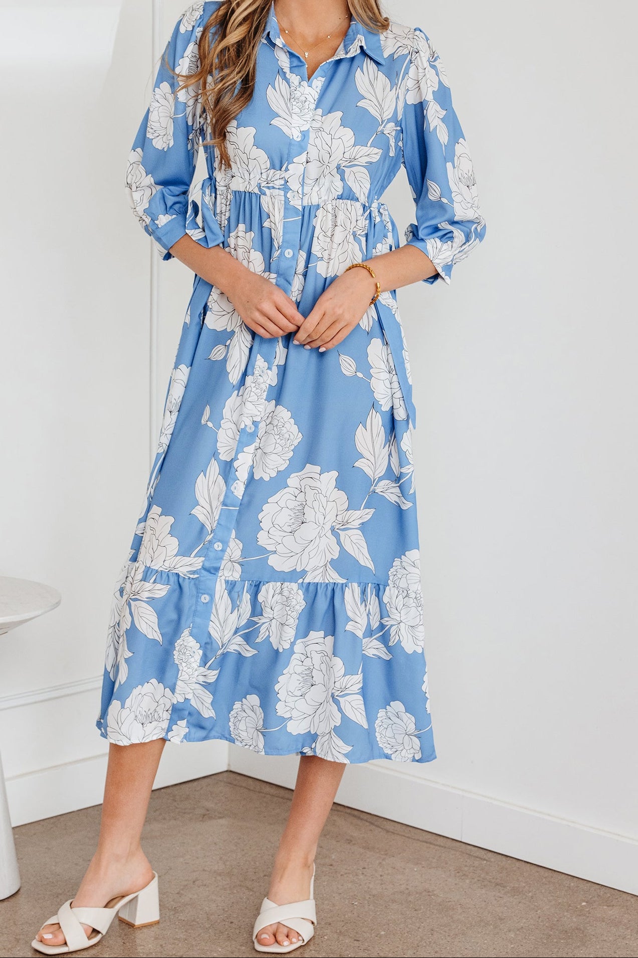 Elodie Sky Blue Floral Button Front Midi Dress