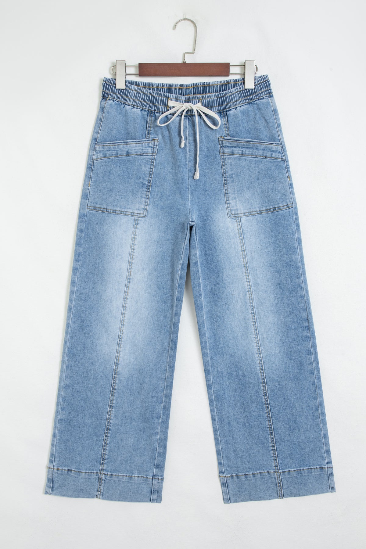 Light Wash Drawstring Wide Leg Jeans – High Rise Patch Pocket Denim