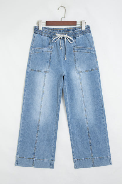 Light Wash Drawstring Wide Leg Jeans – High Rise Patch Pocket Denim