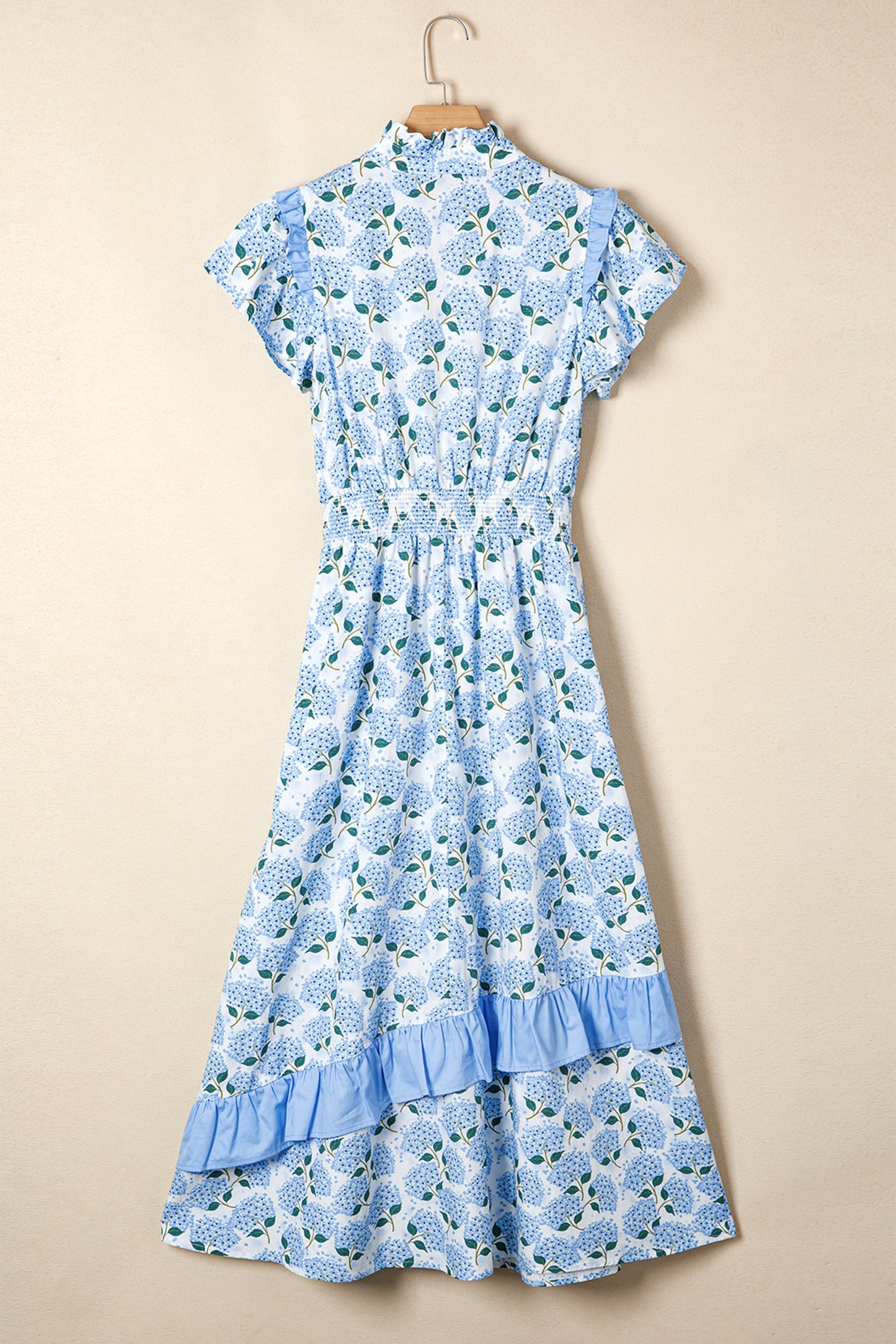 Sky Blue Floral Ruffle Sleeve Smocked Waist Midi Dress