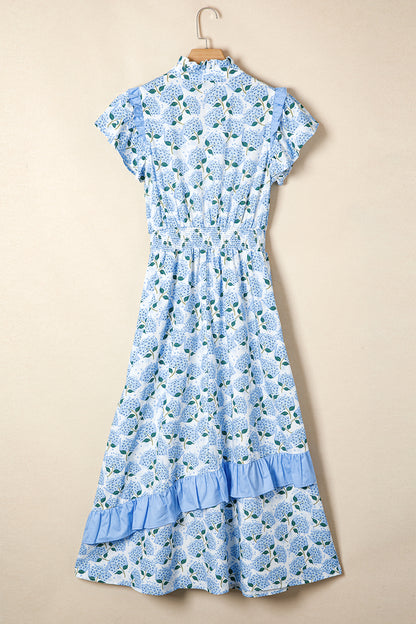 Sky Blue Floral Ruffle Sleeve Smocked Waist Midi Dress