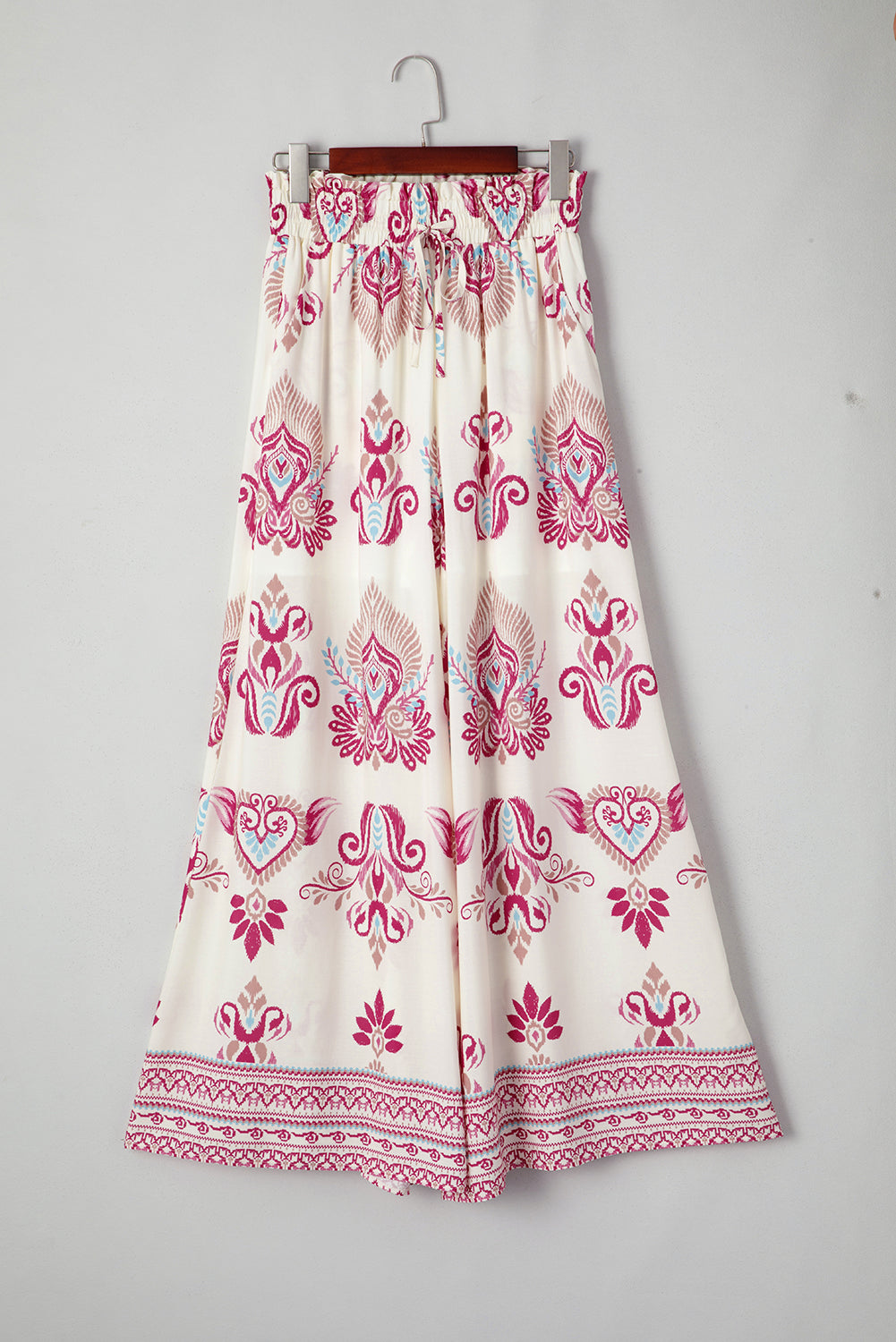 Rose Boho Printed Shirred High Waist Flowy Pants