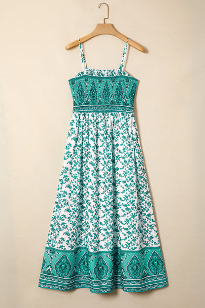 Green Boho Floral Smocked Cami Maxi Dress