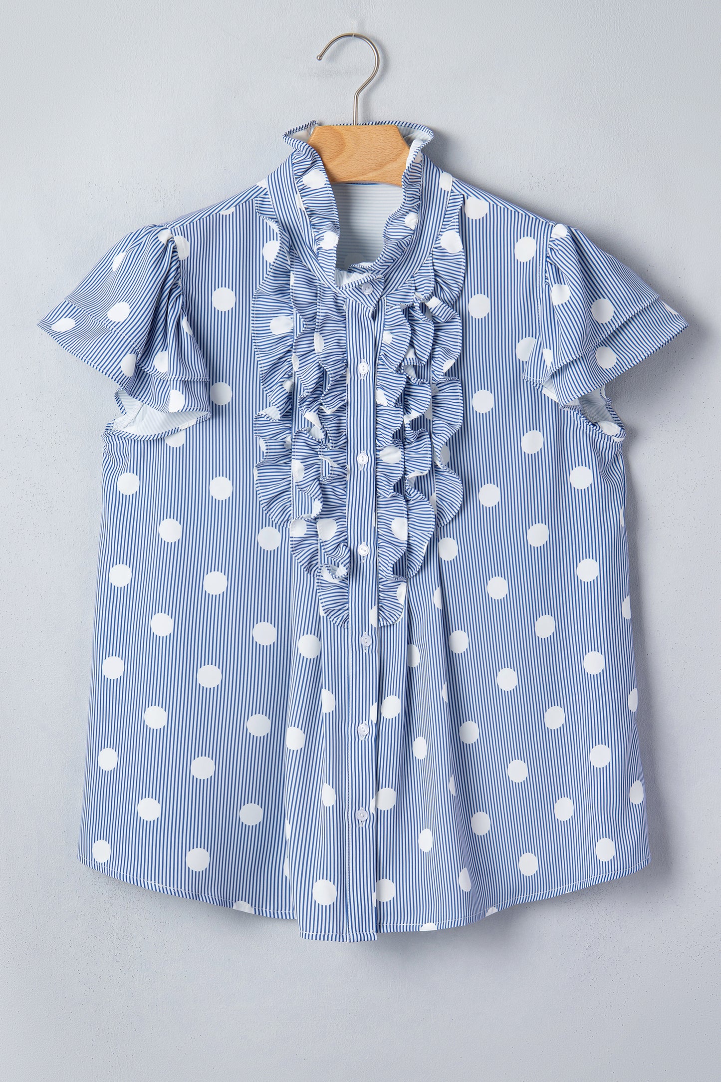 Blue White Striped Polka Dot Ruffle Blouse – Flutter Sleeve Button Front Top