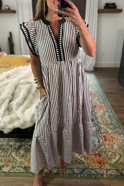 Striped Flutter Sleeve Tiered Midi Dress with Contrast Trim