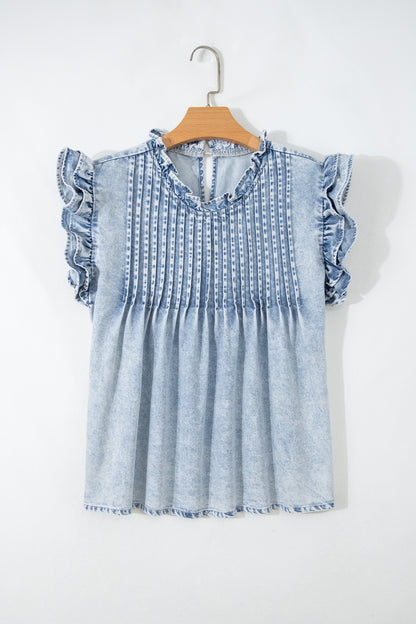 Denim Wash Ruffle Sleeve Pleated Blouse – Feminine Everyday Boutique Top