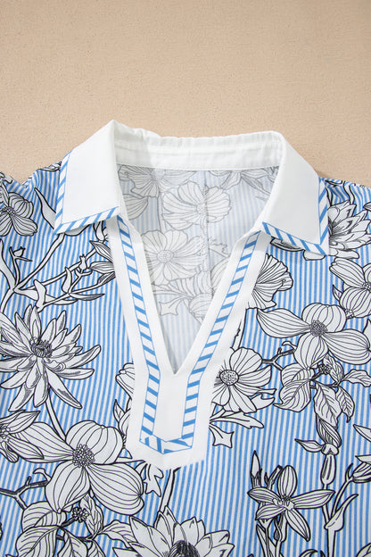 Blue Striped Floral V-Neck Short Sleeve Blouse for Women