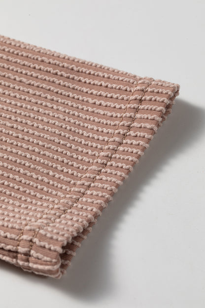 Women's ribbed color block hooded top in ivory, coral, and taupe with a V-neckline, drawstrings, long sleeves, and relaxed fit.