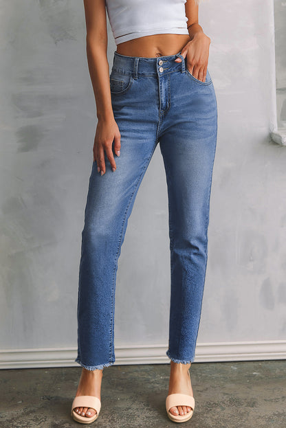 Light Wash Blue High Rise Double Button Straight Leg Jeans – Raw Hem Denim