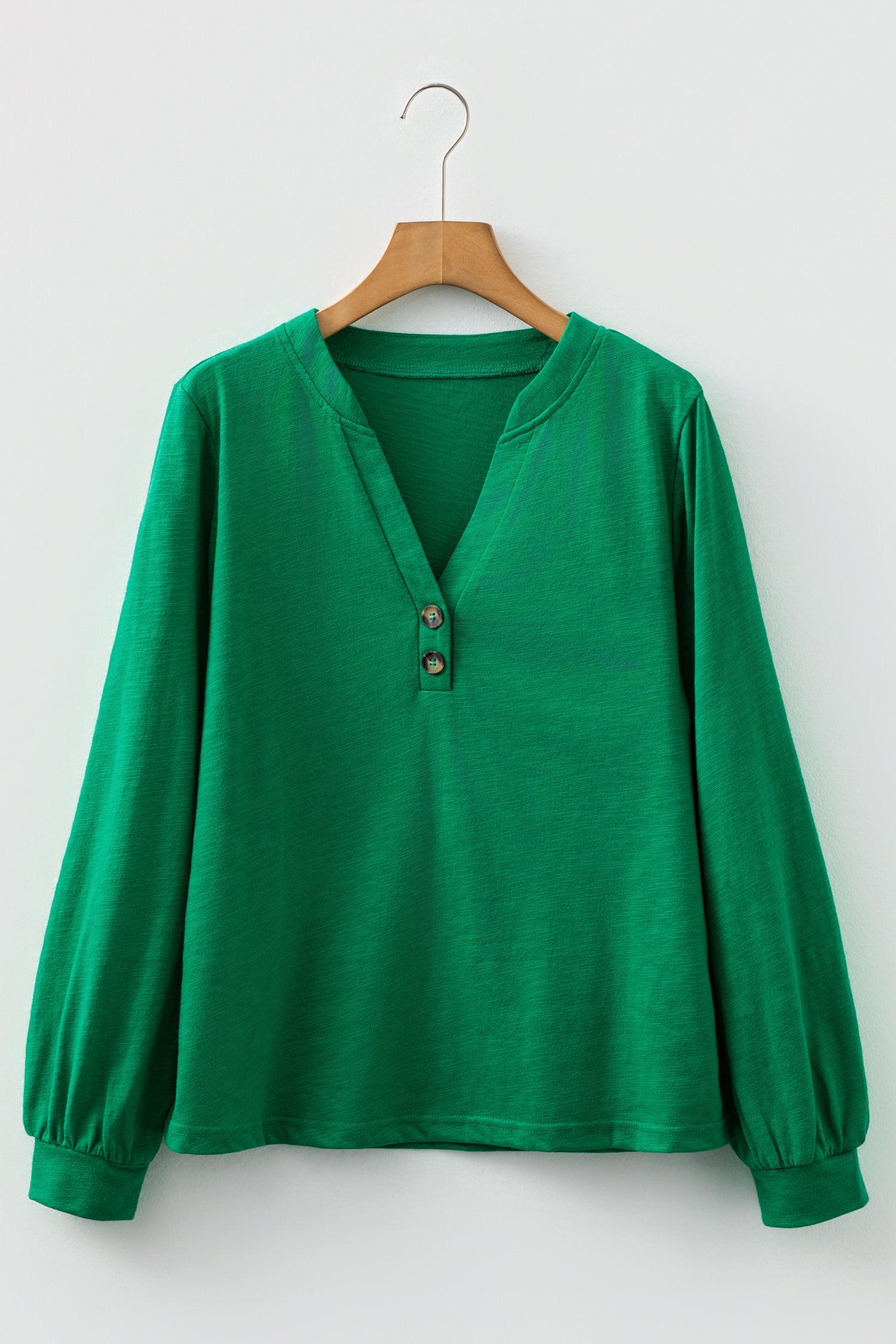 Emerald Green split neck button detail long sleeve top with gathered cuff sleeves