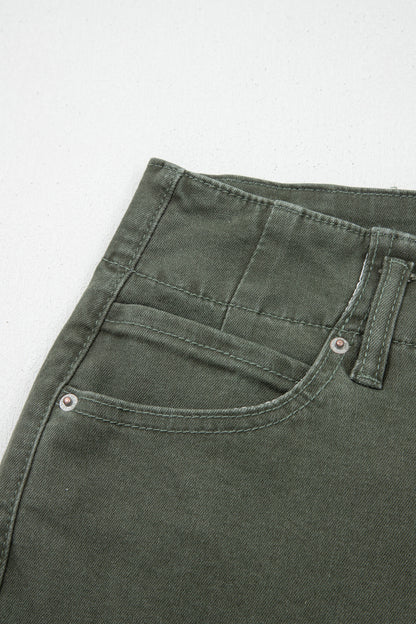 Olive green high rise wide leg jeans with double-button waistband, front pockets and cropped hem.