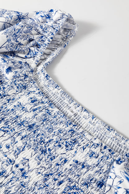 Blue Floral Square Neck Smocked Babydoll Blouse with Flutter Sleeves
