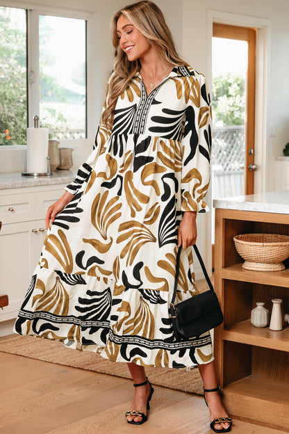 Brown Abstract Leaf Print Long Sleeve Ruffle Maxi Dress