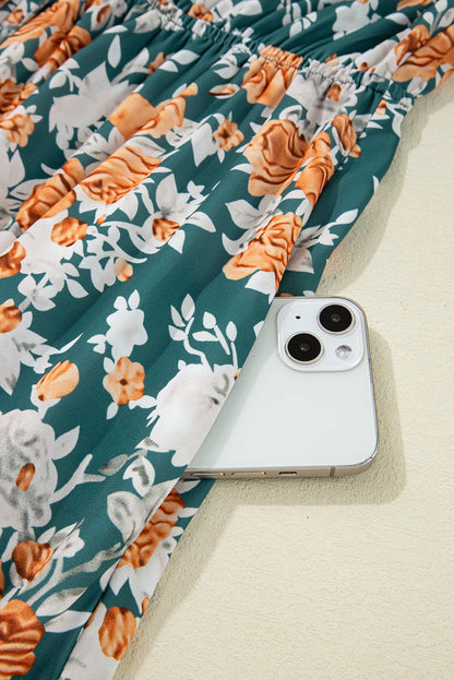 Green Floral Print Relaxed Fit Tiered Everyday Dress