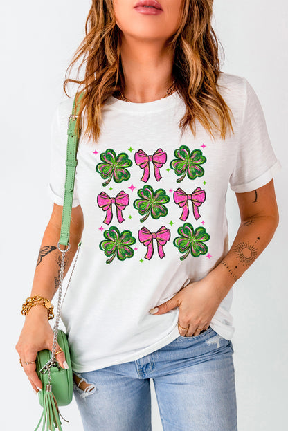 Shamrock & Bow Grid Tee – White St. Patrick’s Day Graphic Top