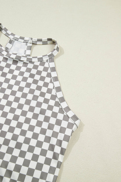 Checker Print High Neck Racerback Tank Top – Casual Everyday Summer Top