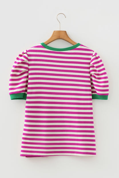 Striped Puff Sleeve Blouse – Casual Contrast Trim Everyday Top