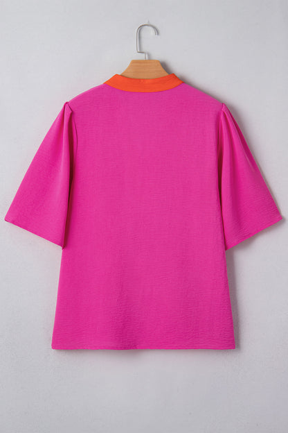 Fuchsia Pink Contrast Trim Split Neck Blouse – Relaxed Everyday Boutique Top