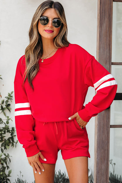 Varsity Striped Sleeve Drop Shoulder Sweatshirt & Short Set