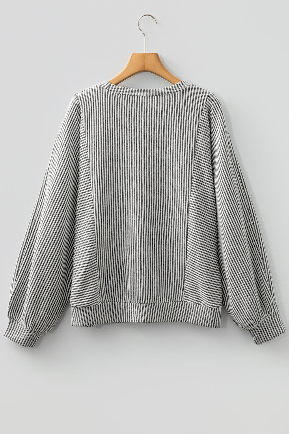 Gray Ribbed Long Sleeve Top – Round Neck Lantern Sleeve