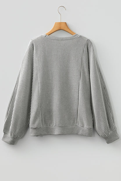Gray Ribbed Long Sleeve Top – Round Neck Lantern Sleeve