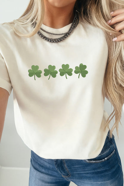 Embroidered Clover Tee – White St. Patrick’s Day Graphic Top
