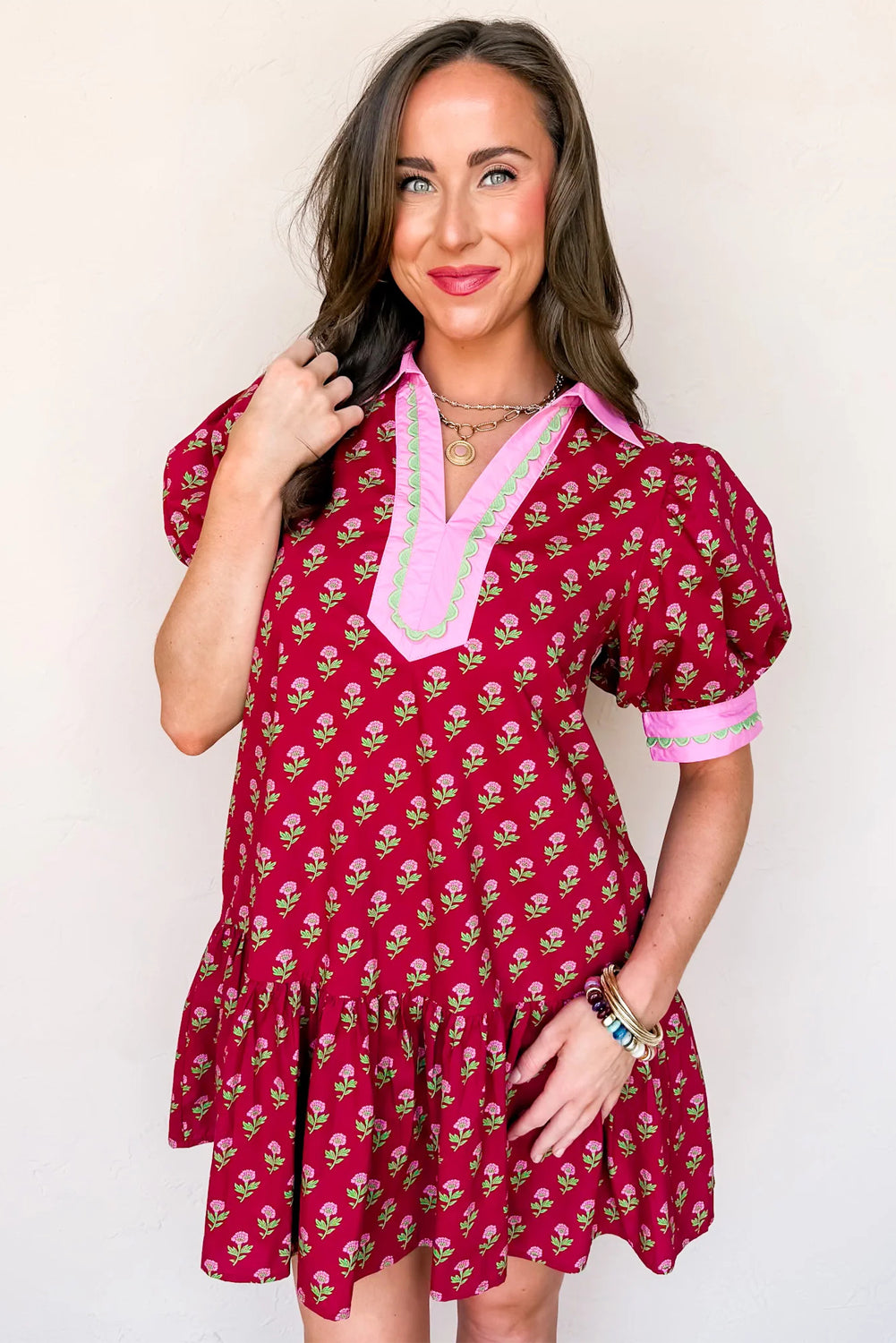 Colette Red Floral V-Neck Puff Sleeve Mini Dress