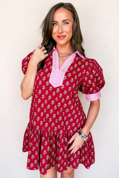 Colette Red Floral V-Neck Puff Sleeve Mini Dress