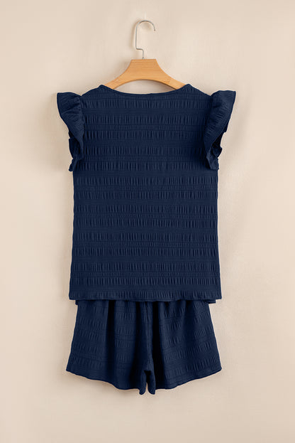 Navy Textured Square Neck Ruffle Sleeve Shirred High Waist Short Set
