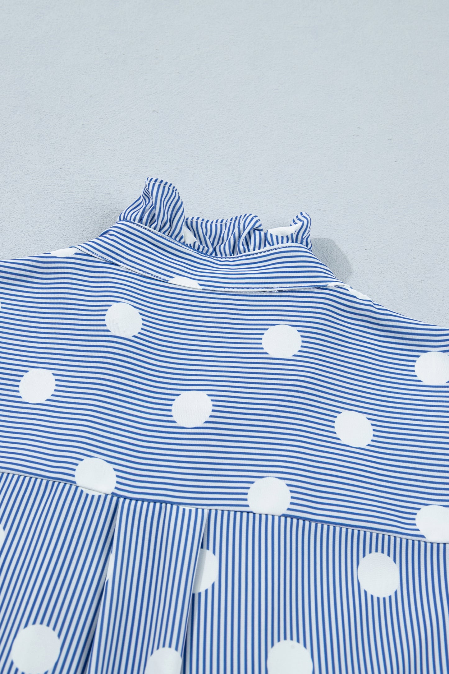 Blue White Striped Polka Dot Ruffle Blouse – Flutter Sleeve Button Front Top
