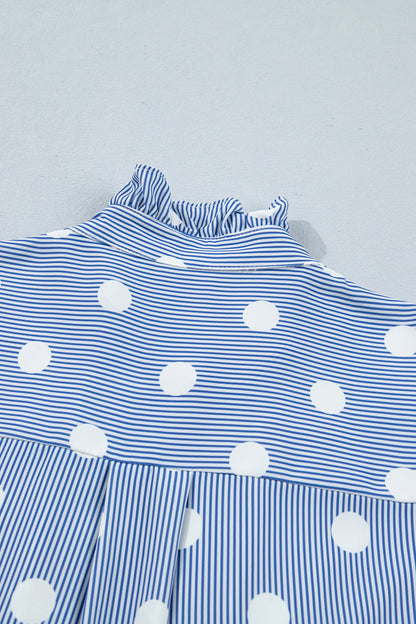 Blue White Striped Polka Dot Ruffle Blouse – Flutter Sleeve Button Front Top