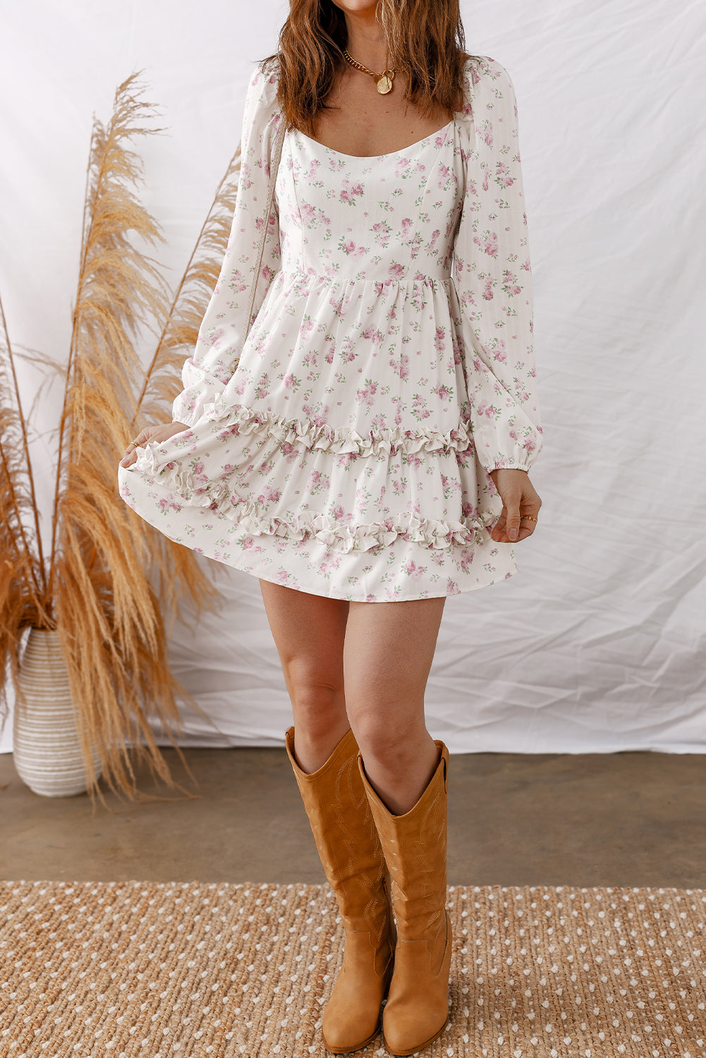 Soft White Floral Long Sleeve Mini Dress with Ruffle Tiers