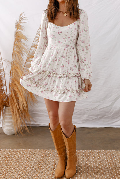 Soft White Floral Long Sleeve Mini Dress with Ruffle Tiers