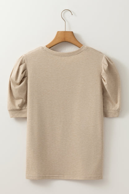 Parchment Ruched Puff Sleeve Round Neck Tee