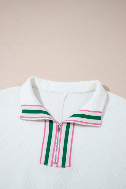 Quilted Zip Collar Puff Sleeve Top – Textured Casual Blouse