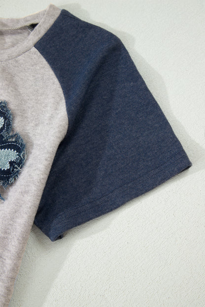 Floral Appliqué Raglan Sleeve Top – Casual Contrast Sleeve Everyday Tee