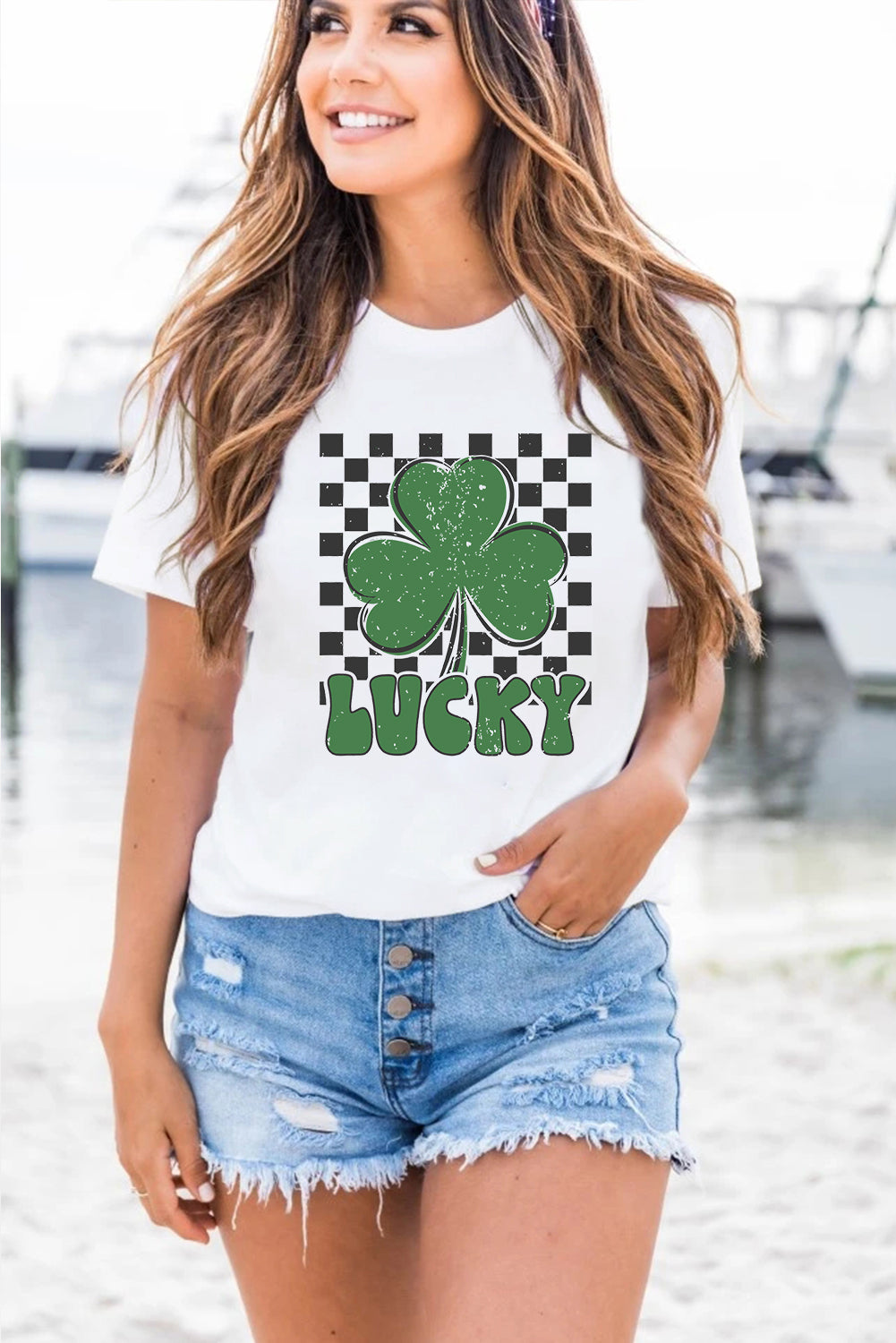 Checkerboard Lucky Clover Tee – White St. Patrick’s Day Graphic Top