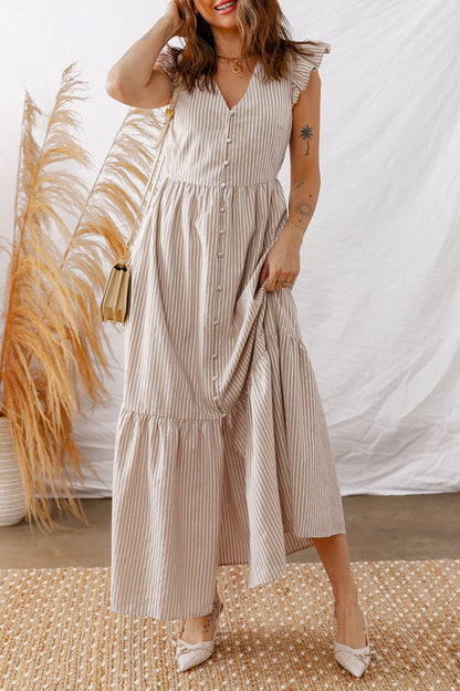 Amalfi Beige Stripe Button Front Maxi Dress