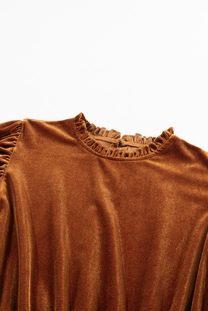 Women's caramel velvet mini dress featuring a ruffle mock neckline, long puff sleeves, elastic waist, and a fit-and-flare silhouette.