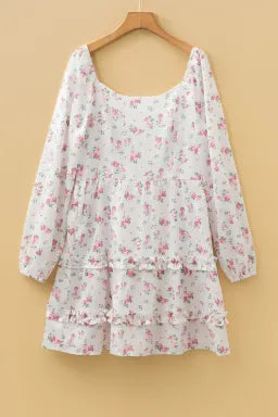 Soft White Floral Long Sleeve Mini Dress with Ruffle Tiers