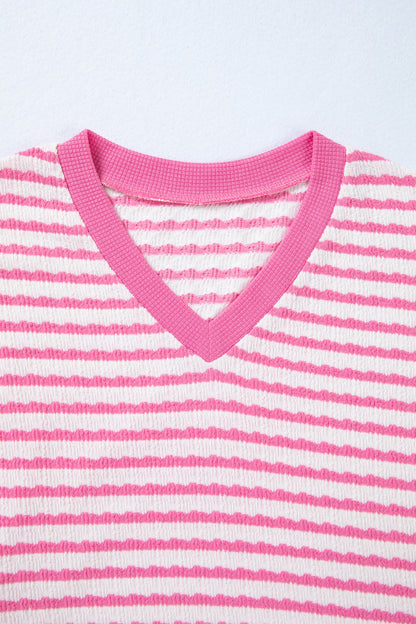 Pink Striped V-Neck Short Sleeve Knit Top – Casual Everyday Sweater Top