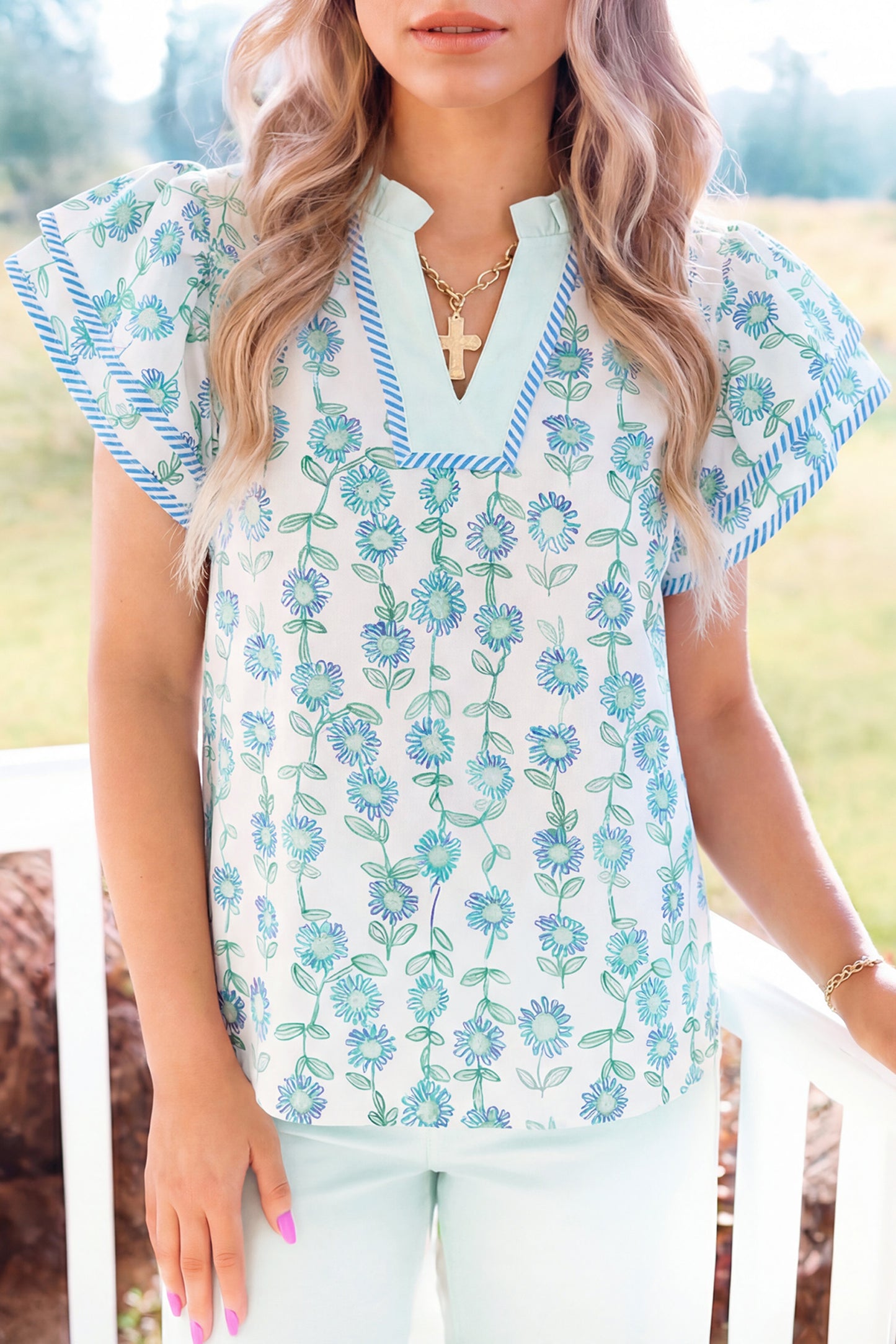 Light Blue Floral Flutter Sleeve Blouse – Lightweight V-Neck Summer Top